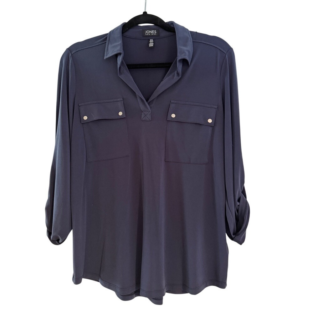 JONES NEW YORK Women's‎ Navy Blue Collared Pocket Tunic Top Size Medium